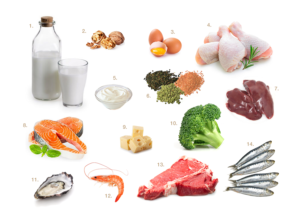 14 foods that support hair health: milk, walnuts, eggs, chicken, yogurt, lentils, liver, salmon, cheese, broccoli, oysters, shrimp, red meat, and sardines